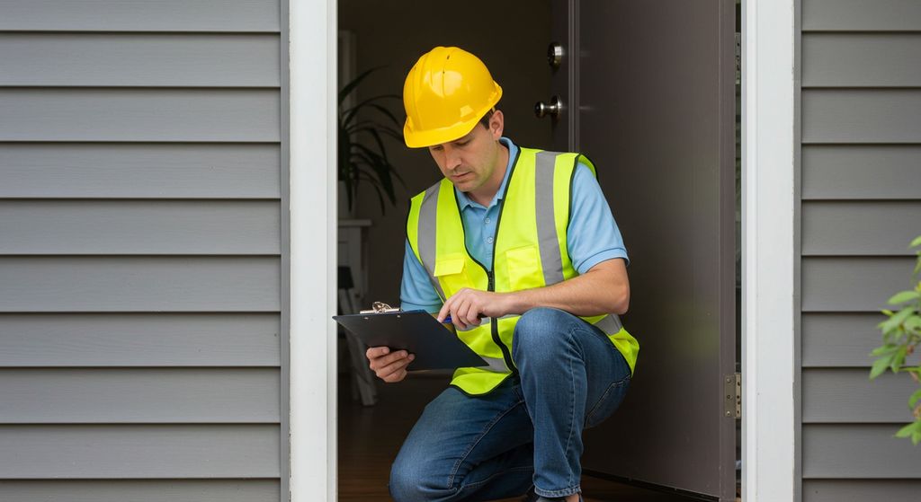 Technician inspecting a home with a checklist, representing efficient logistics, process control, and home services management.