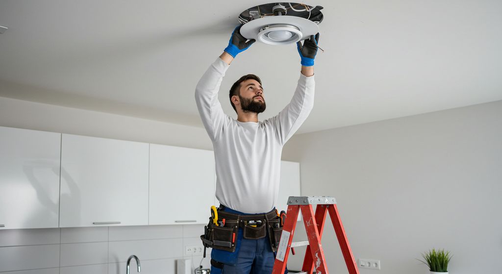Technician performing electrical maintenance in the home, installing a light fixture as part of a preventive maintenance plan.